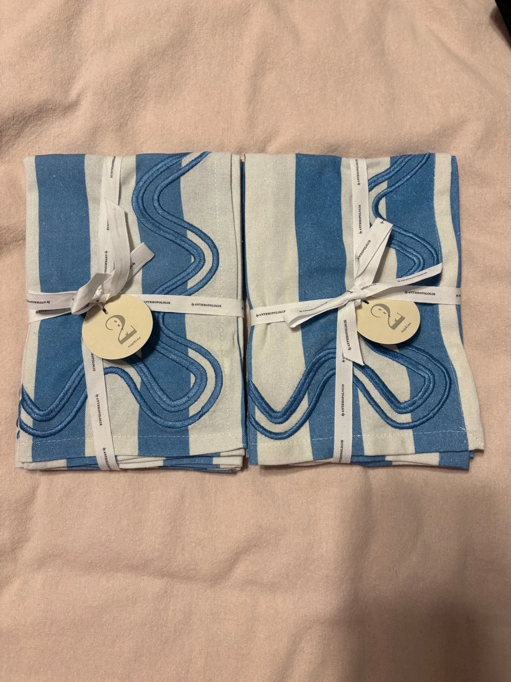 Anthropologie Madeline Striped Embroidered Dinner Napkins Set of 4